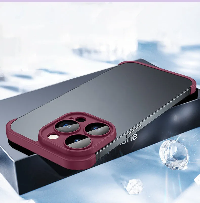 Dark purple TPU mobile phone case for Apple iPhone with corner pads and integrated glass lens film.