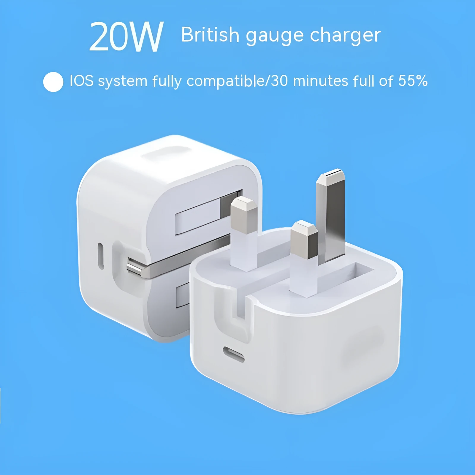 White British 20W PD fast charger adapter with UK plug and USB-C to USB-C cable
