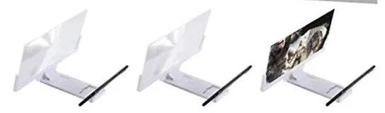 Black adjustable mobile phone stand with magnification lens holding smartphone
