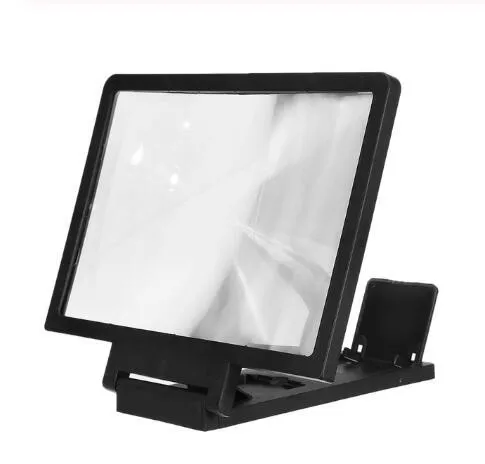 Black adjustable mobile phone stand with magnification lens holding smartphone