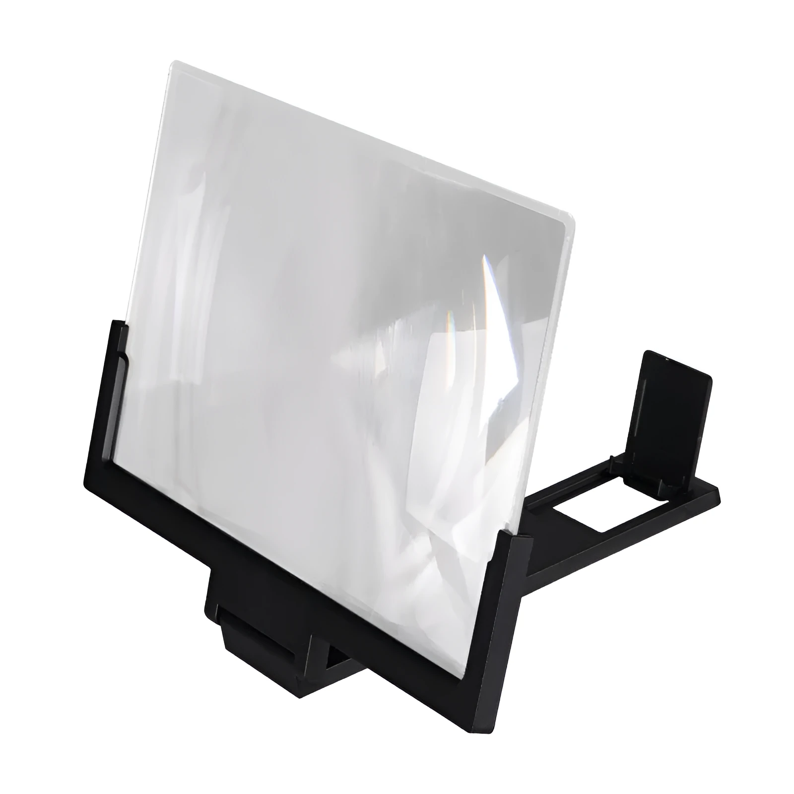 Black adjustable mobile phone stand with magnification lens holding smartphone