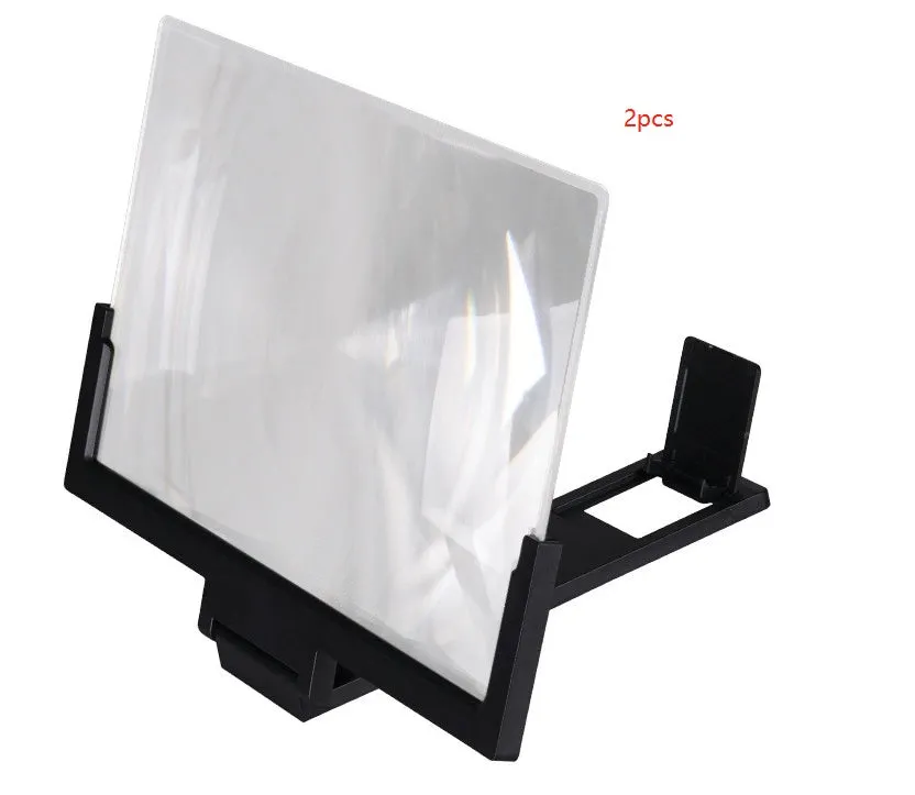 Black adjustable mobile phone stand with magnification lens holding smartphone