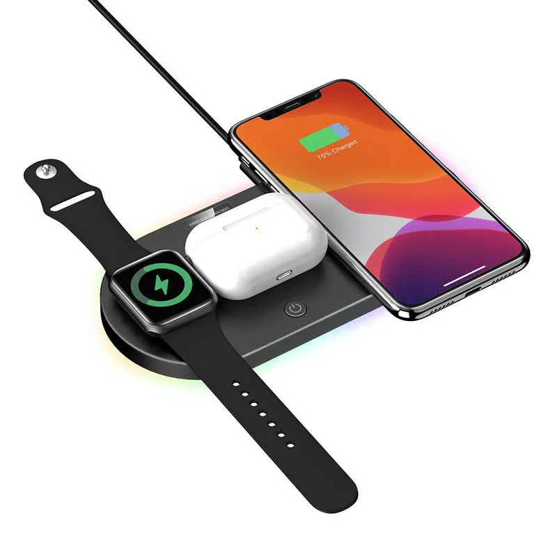 Black and white desktop wireless charging stand for smartphones with status light.