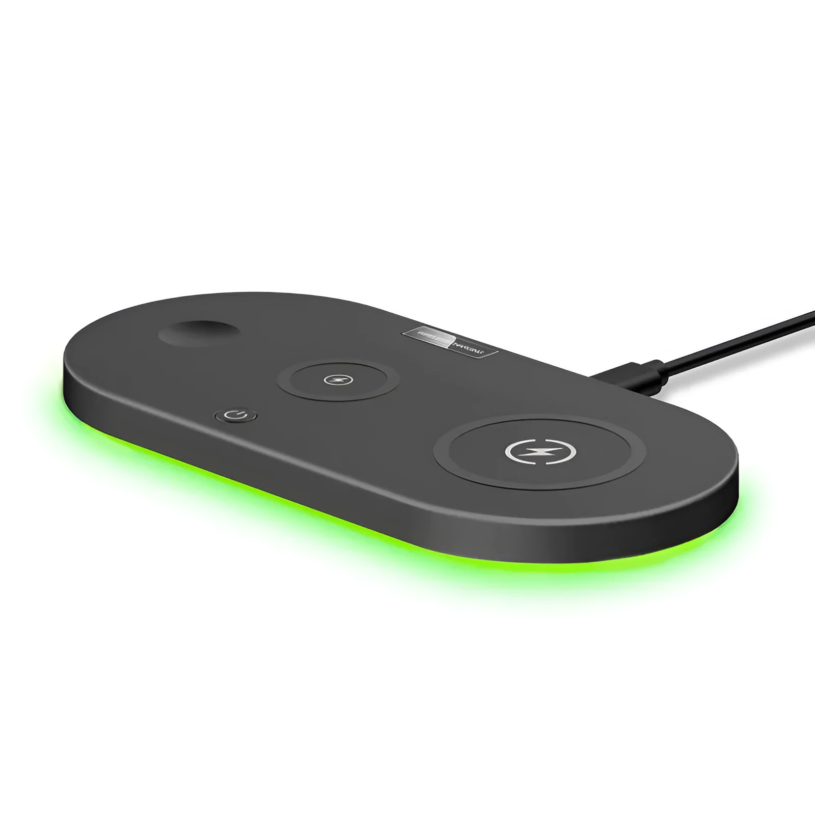 Black and white desktop wireless charging stand for smartphones with status light.