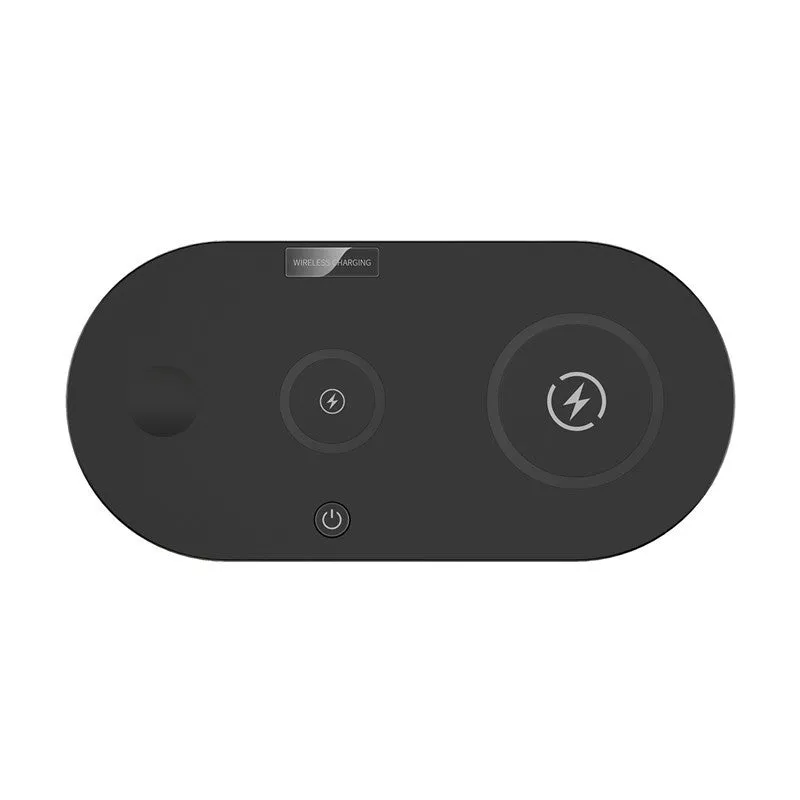 Black and white desktop wireless charging stand for smartphones with status light.