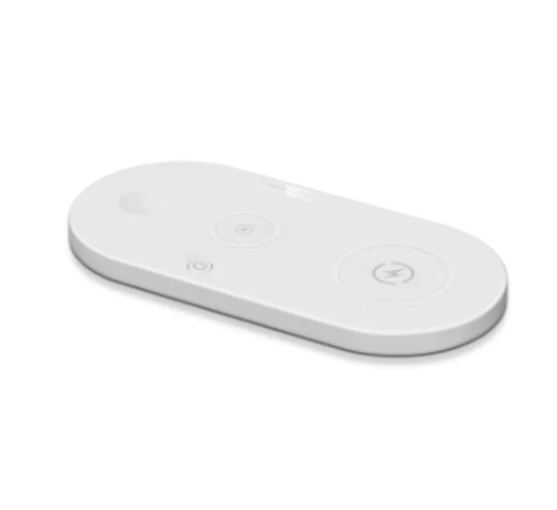 Black and white desktop wireless charging stand for smartphones with status light.