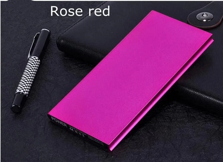 8000mAh aluminium alloy power bank with LED light and two USB ports in various colours.