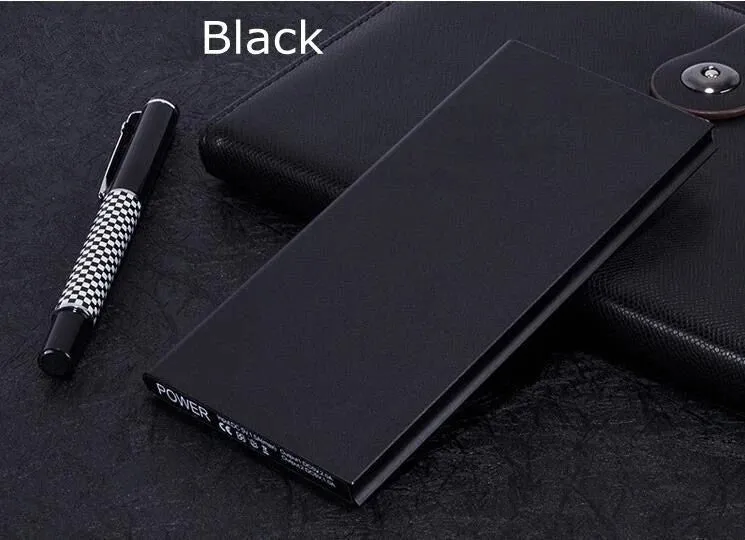 8000mAh aluminium alloy power bank with LED light and two USB ports in various colours.