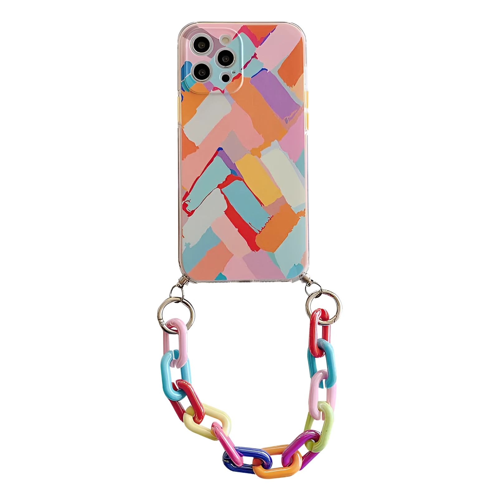 Graffiti design mobile phone case with bracelet strap attached, shown fitting iPhone model