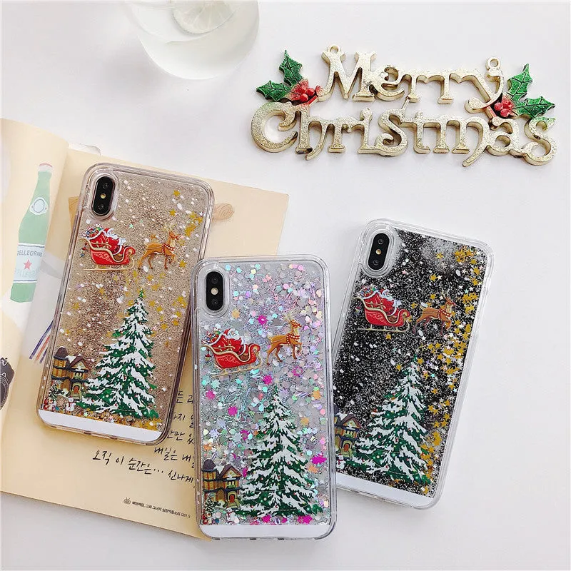 Christmas quicksand design phone case showing Santa Claus and tree patterns through transparent layers