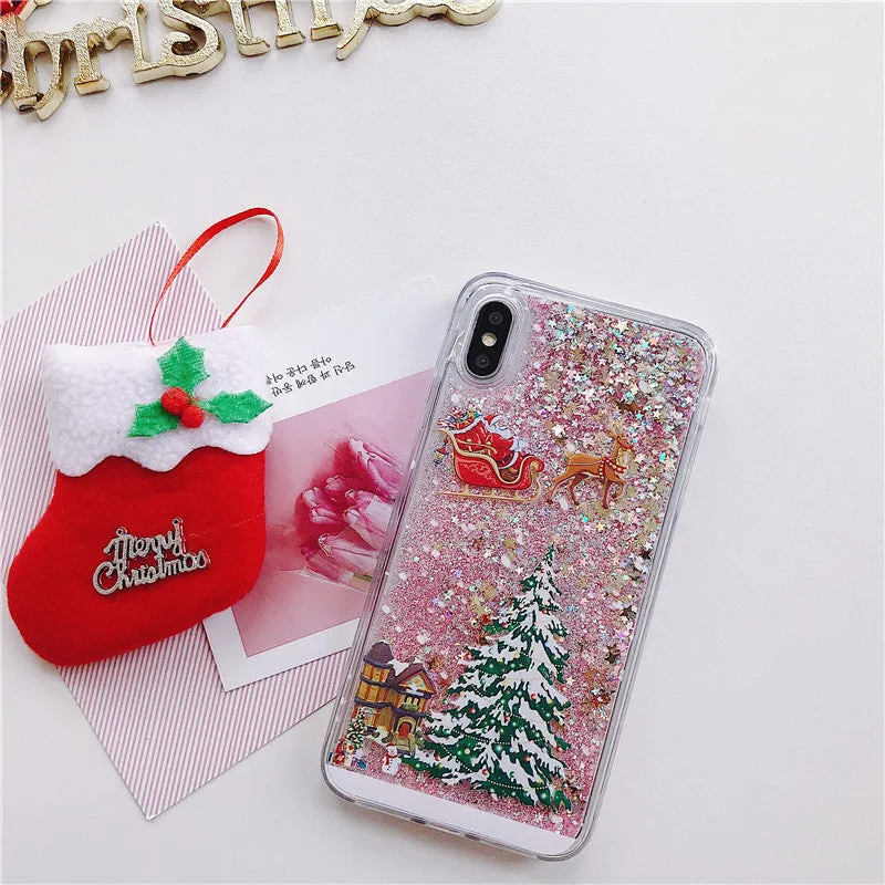 Christmas quicksand design phone case showing Santa Claus and tree patterns through transparent layers