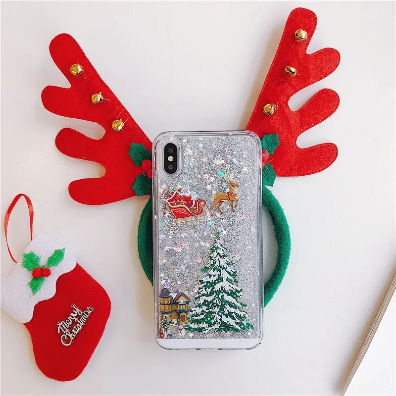 Christmas quicksand design phone case showing Santa Claus and tree patterns through transparent layers