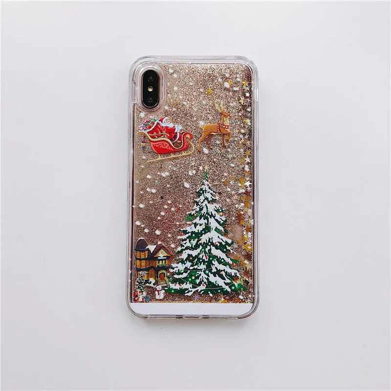 Christmas quicksand design phone case showing Santa Claus and tree patterns through transparent layers