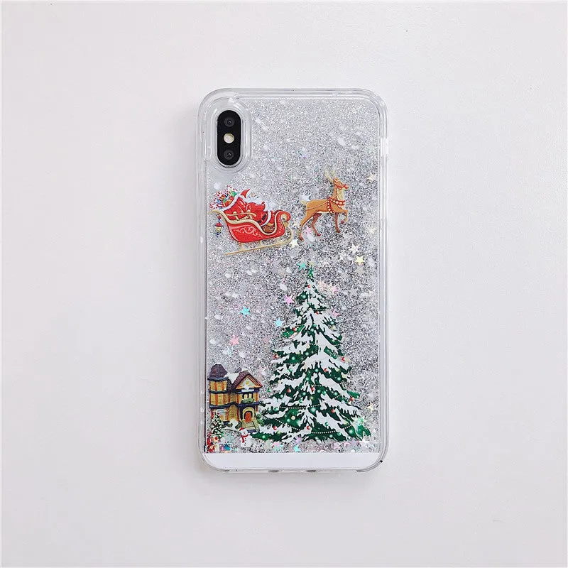 Christmas quicksand design phone case showing Santa Claus and tree patterns through transparent layers