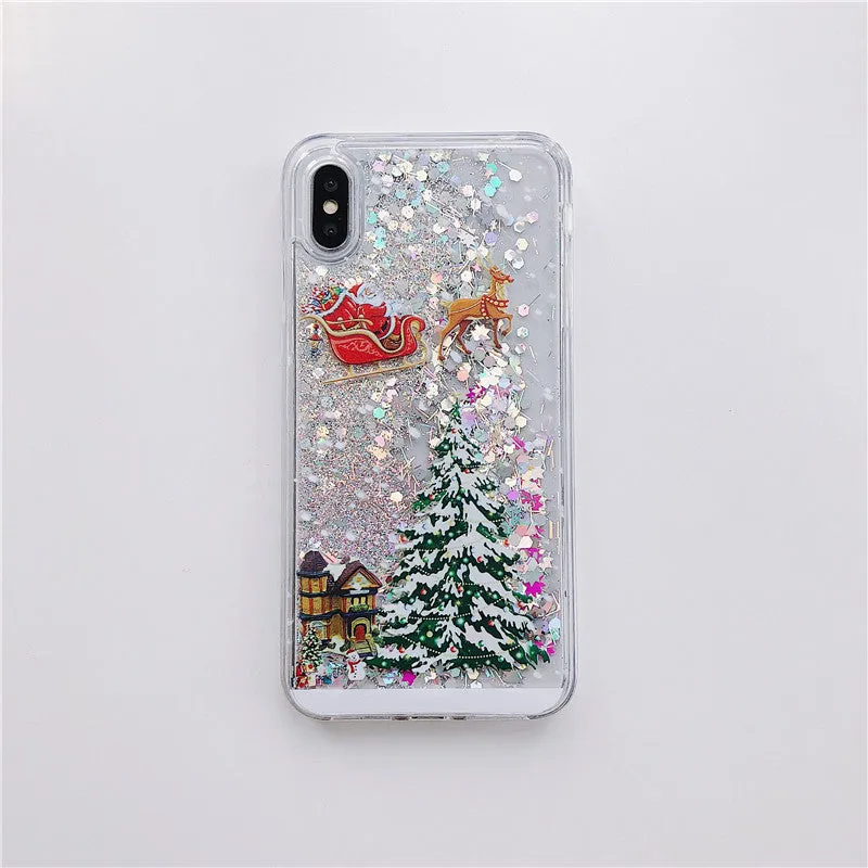 Christmas quicksand design phone case showing Santa Claus and tree patterns through transparent layers