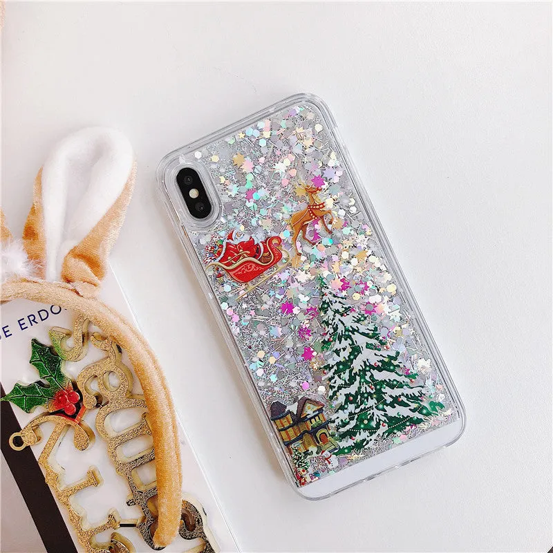 Christmas quicksand design phone case showing Santa Claus and tree patterns through transparent layers