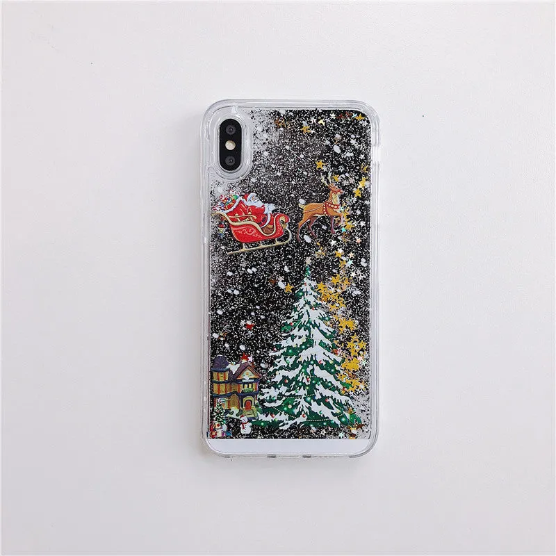 Christmas quicksand design phone case showing Santa Claus and tree patterns through transparent layers