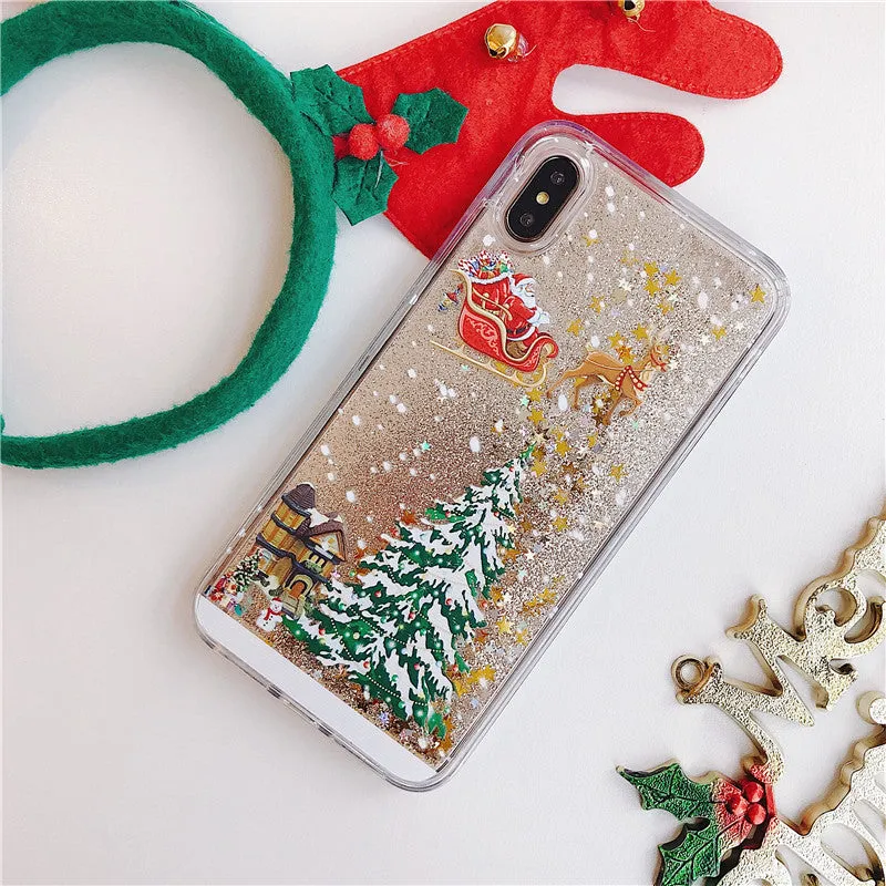 Christmas quicksand design phone case showing Santa Claus and tree patterns through transparent layers