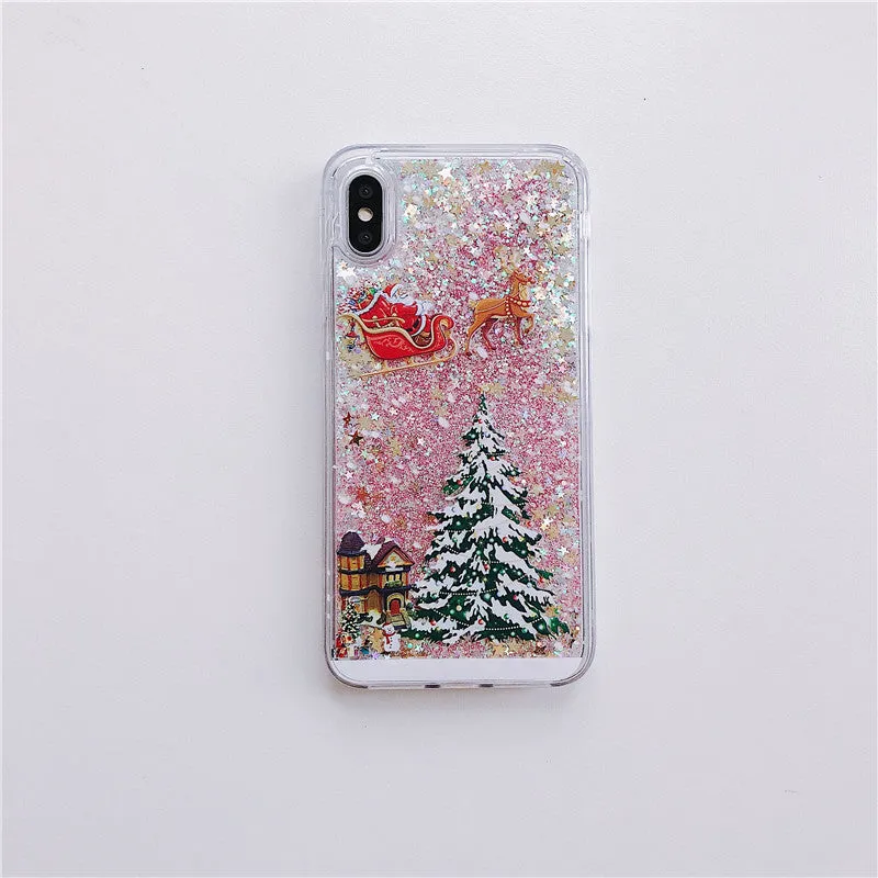 Christmas quicksand design phone case showing Santa Claus and tree patterns through transparent layers