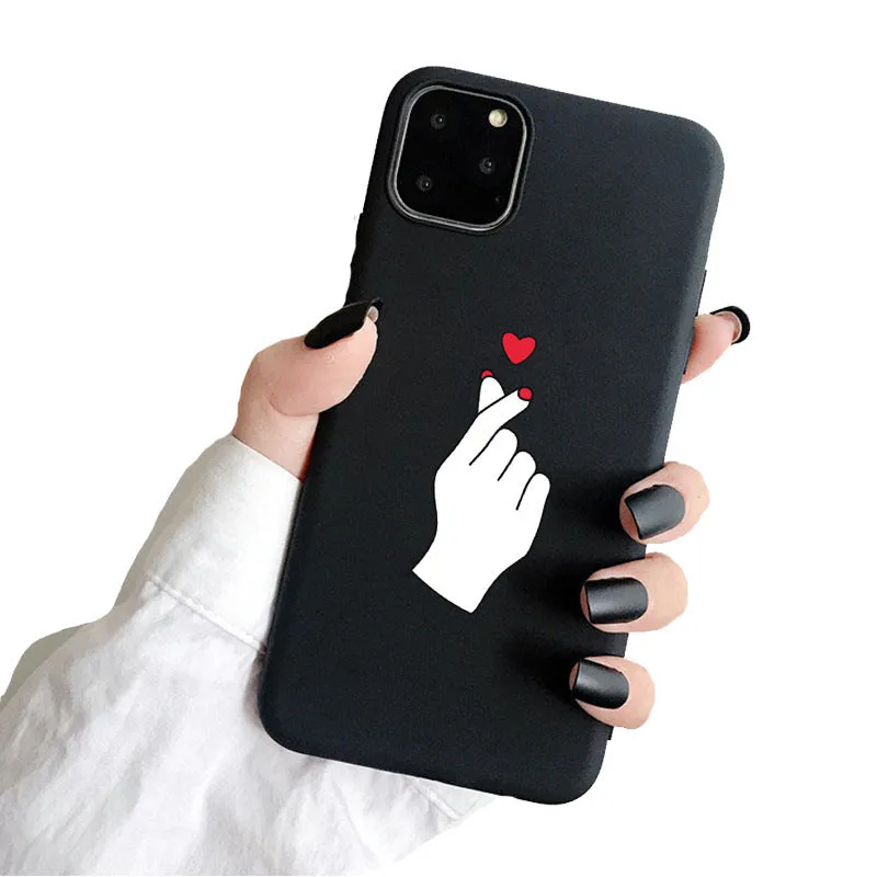 Frosted TPU iPhone case with a painted love-themed design on a smartphone.