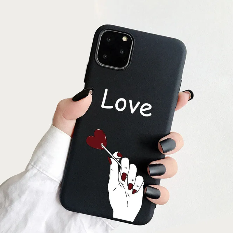 Frosted TPU iPhone case with a painted love-themed design on a smartphone.
