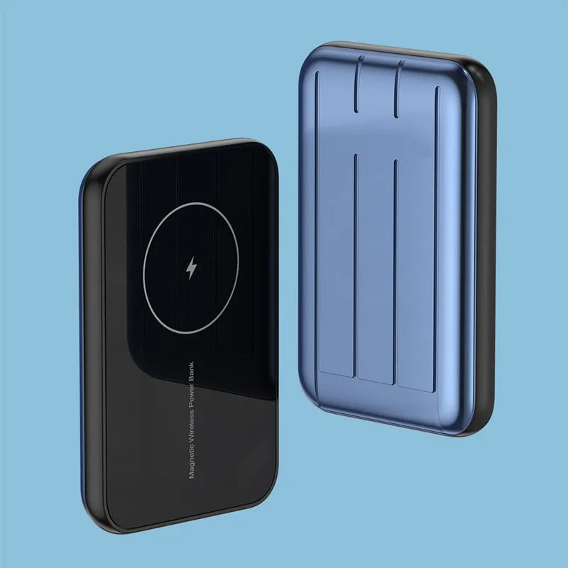 Blue magnetic wireless power bank showing size and multi-U port