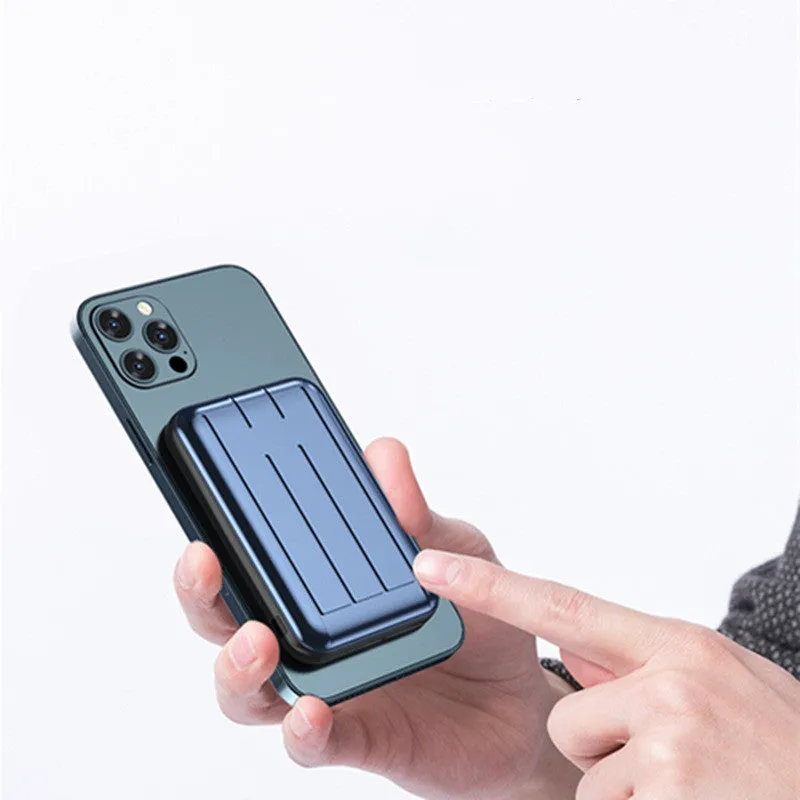 Blue magnetic wireless power bank showing size and multi-U port