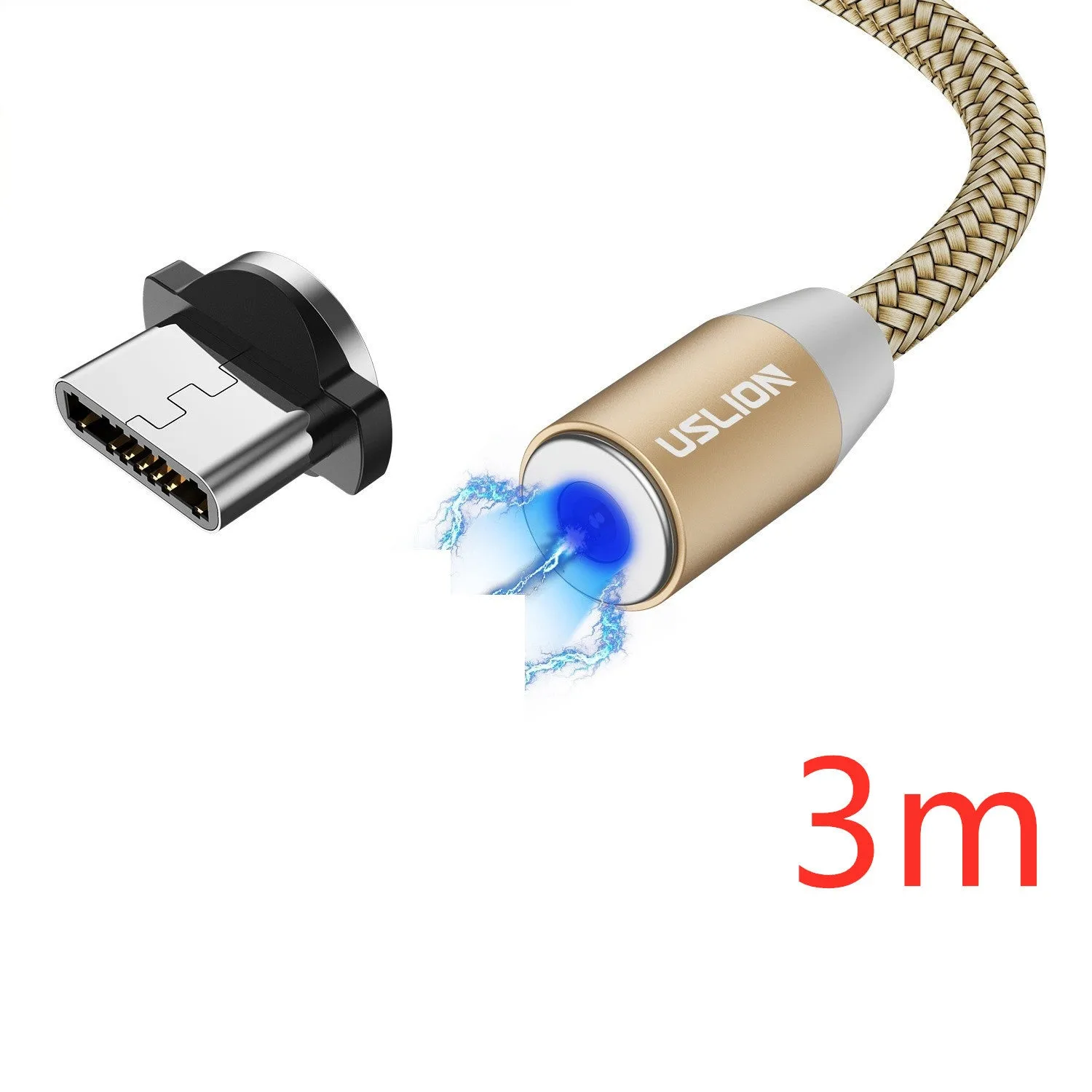 USLION circular magnetic charging cable in black, showing magnetic connector and plug for Android, iOS, or Type-C device.