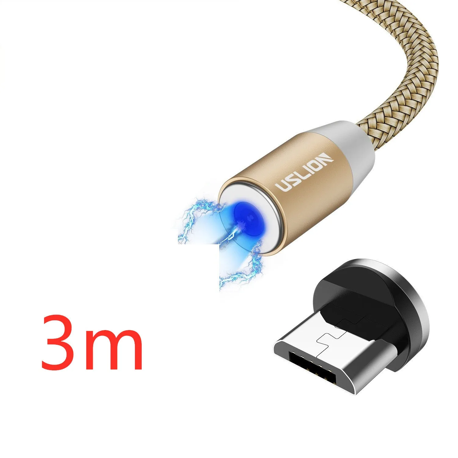 USLION circular magnetic charging cable in black, showing magnetic connector and plug for Android, iOS, or Type-C device.