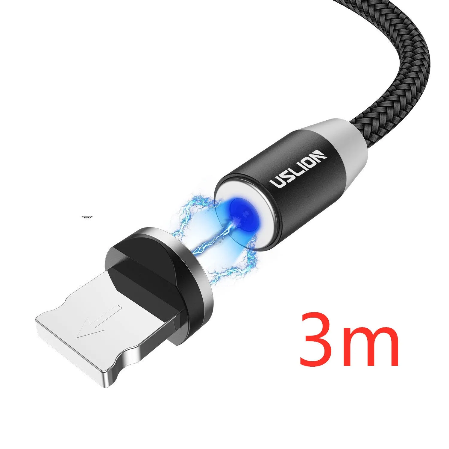 USLION circular magnetic charging cable in black, showing magnetic connector and plug for Android, iOS, or Type-C device.