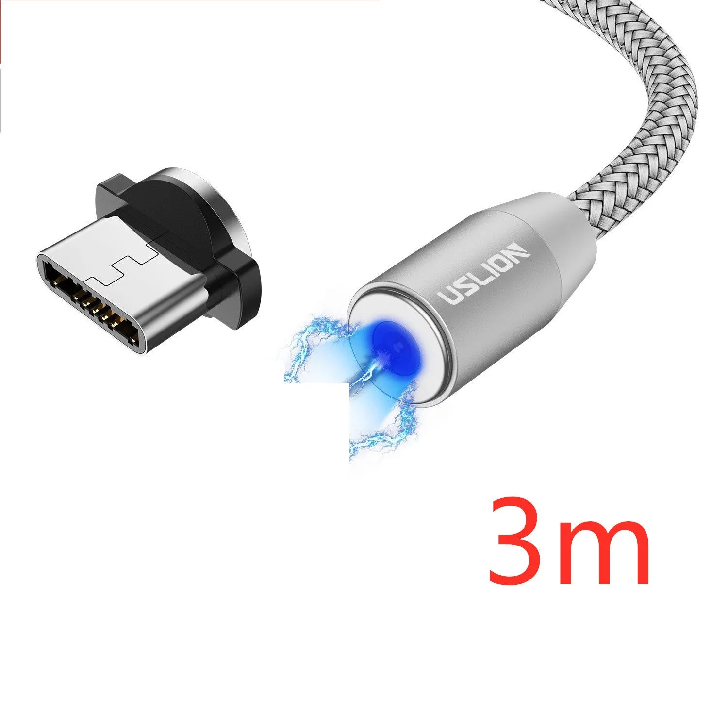 USLION circular magnetic charging cable in black, showing magnetic connector and plug for Android, iOS, or Type-C device.