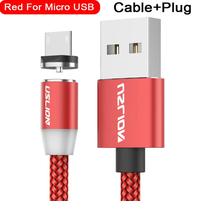 USLION circular magnetic charging cable in black, showing magnetic connector and plug for Android, iOS, or Type-C device.