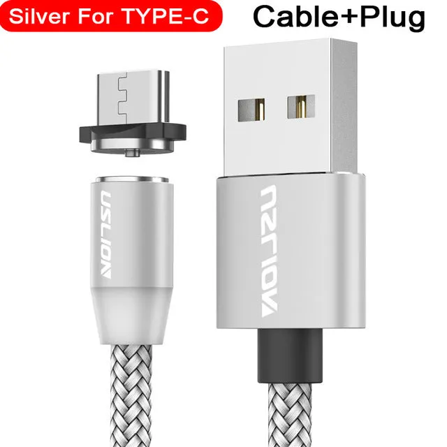 USLION circular magnetic charging cable in black, showing magnetic connector and plug for Android, iOS, or Type-C device.