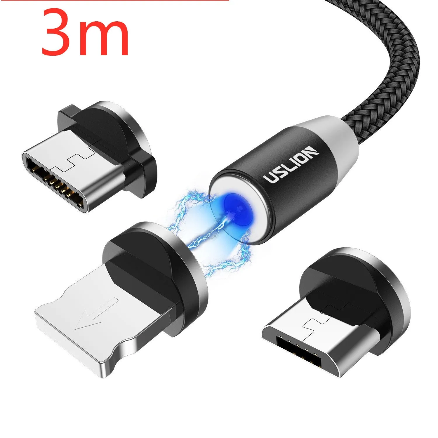 USLION circular magnetic charging cable in black, showing magnetic connector and plug for Android, iOS, or Type-C device.