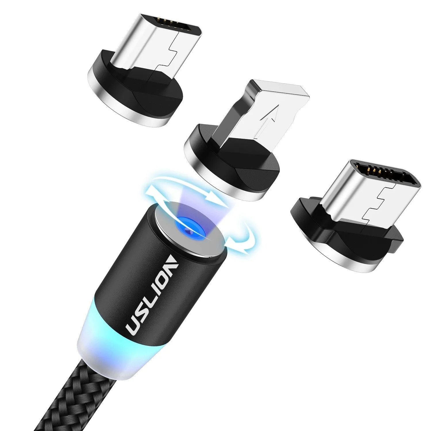 USLION circular magnetic charging cable in black, showing magnetic connector and plug for Android, iOS, or Type-C device.