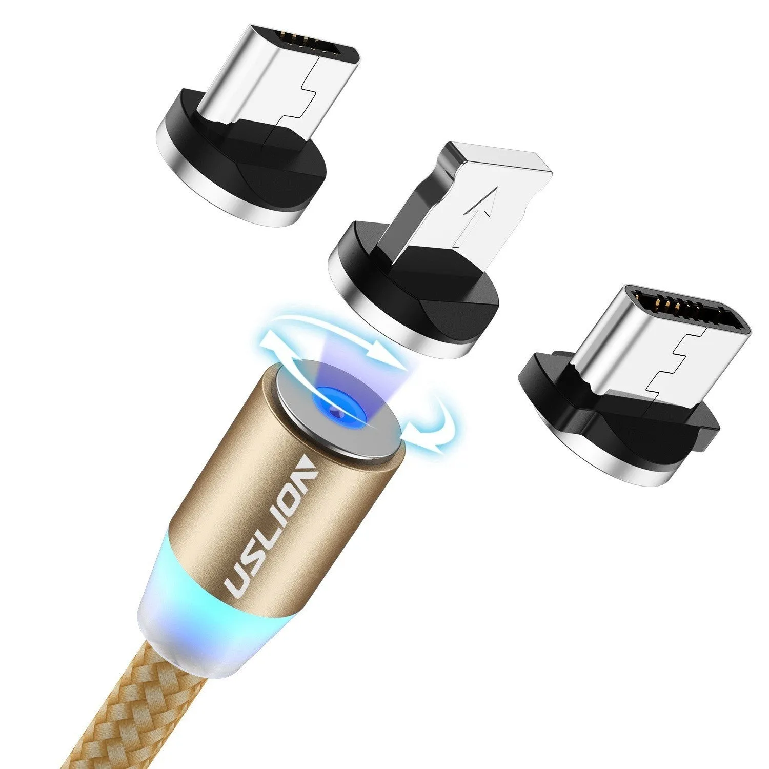 USLION circular magnetic charging cable in black, showing magnetic connector and plug for Android, iOS, or Type-C device.