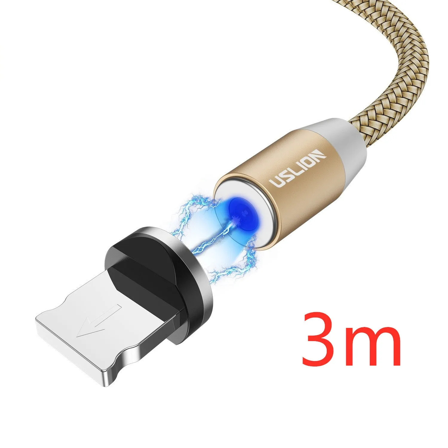 USLION circular magnetic charging cable in black, showing magnetic connector and plug for Android, iOS, or Type-C device.