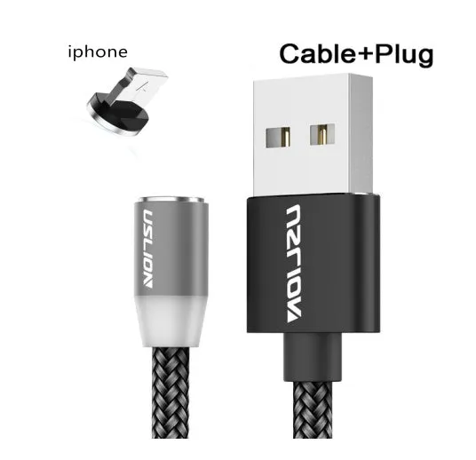 USLION circular magnetic charging cable in black, showing magnetic connector and plug for Android, iOS, or Type-C device.