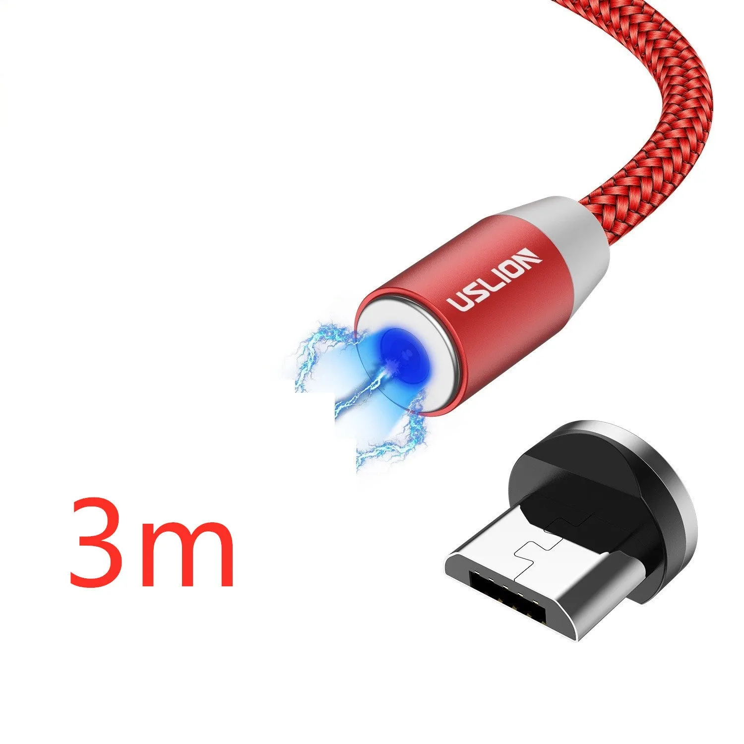 USLION circular magnetic charging cable in black, showing magnetic connector and plug for Android, iOS, or Type-C device.