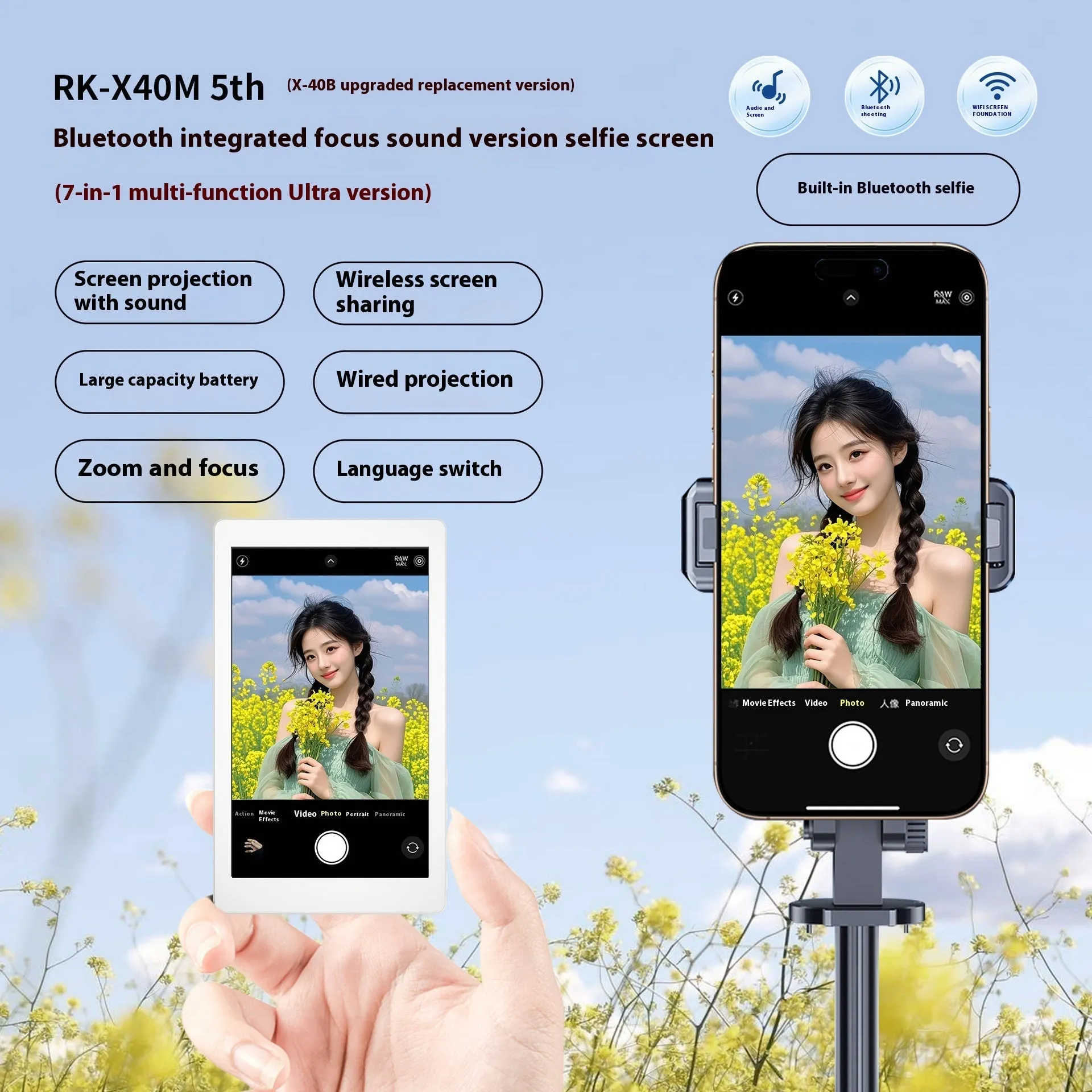 Black magnetic phone rear projector showing 103.48mm HD display screen with wireless connectivity ports
