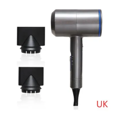 2000W hotel hair dryer in metallic black with a long cable, showing UK plug model.