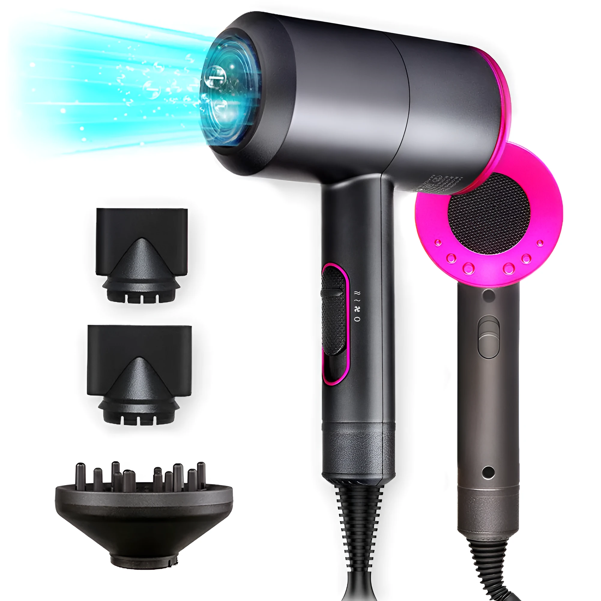 2000W hotel hair dryer in metallic black with a long cable, showing UK plug model.
