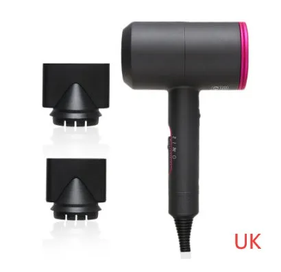 2000W hotel hair dryer in metallic black with a long cable, showing UK plug model.