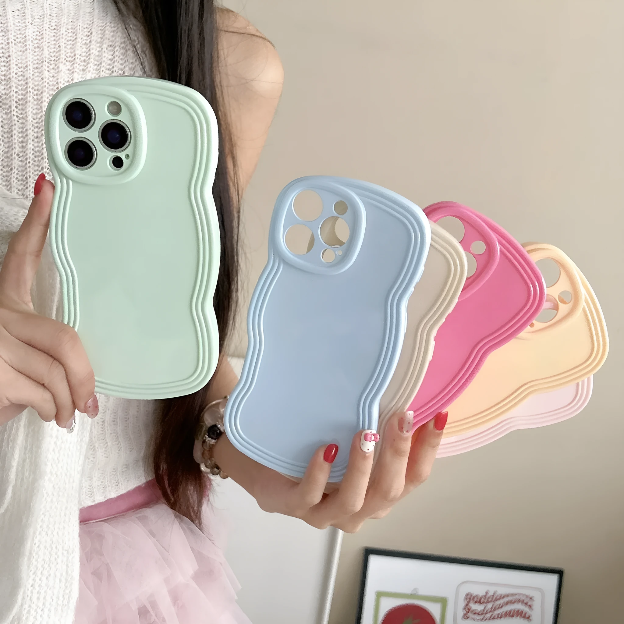 Cream candy colour wave pattern TPU phone case for iPhone, showing anti-fingerprint surface.