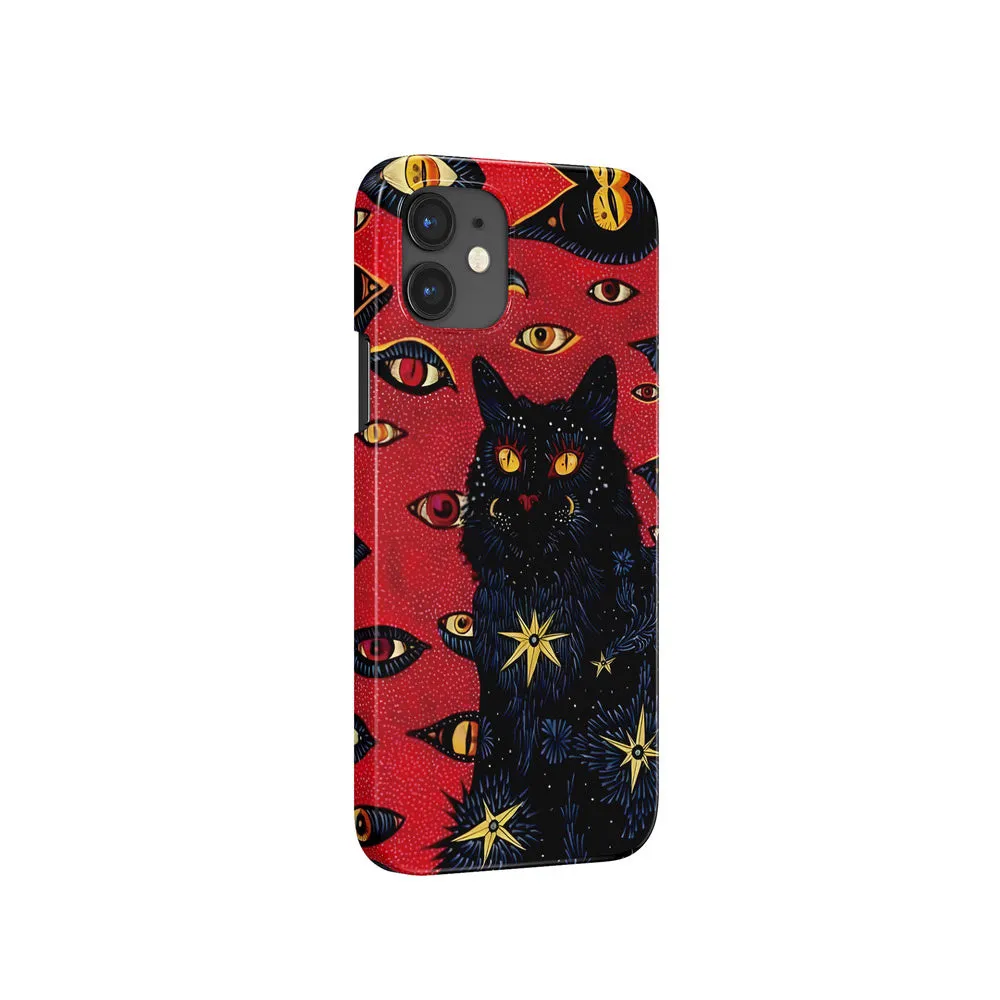 Retro style cat eye design hard shell phone case for iPhone, shown in frosted and glossy finish options.