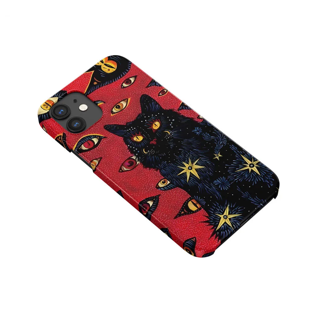 Retro style cat eye design hard shell phone case for iPhone, shown in frosted and glossy finish options.