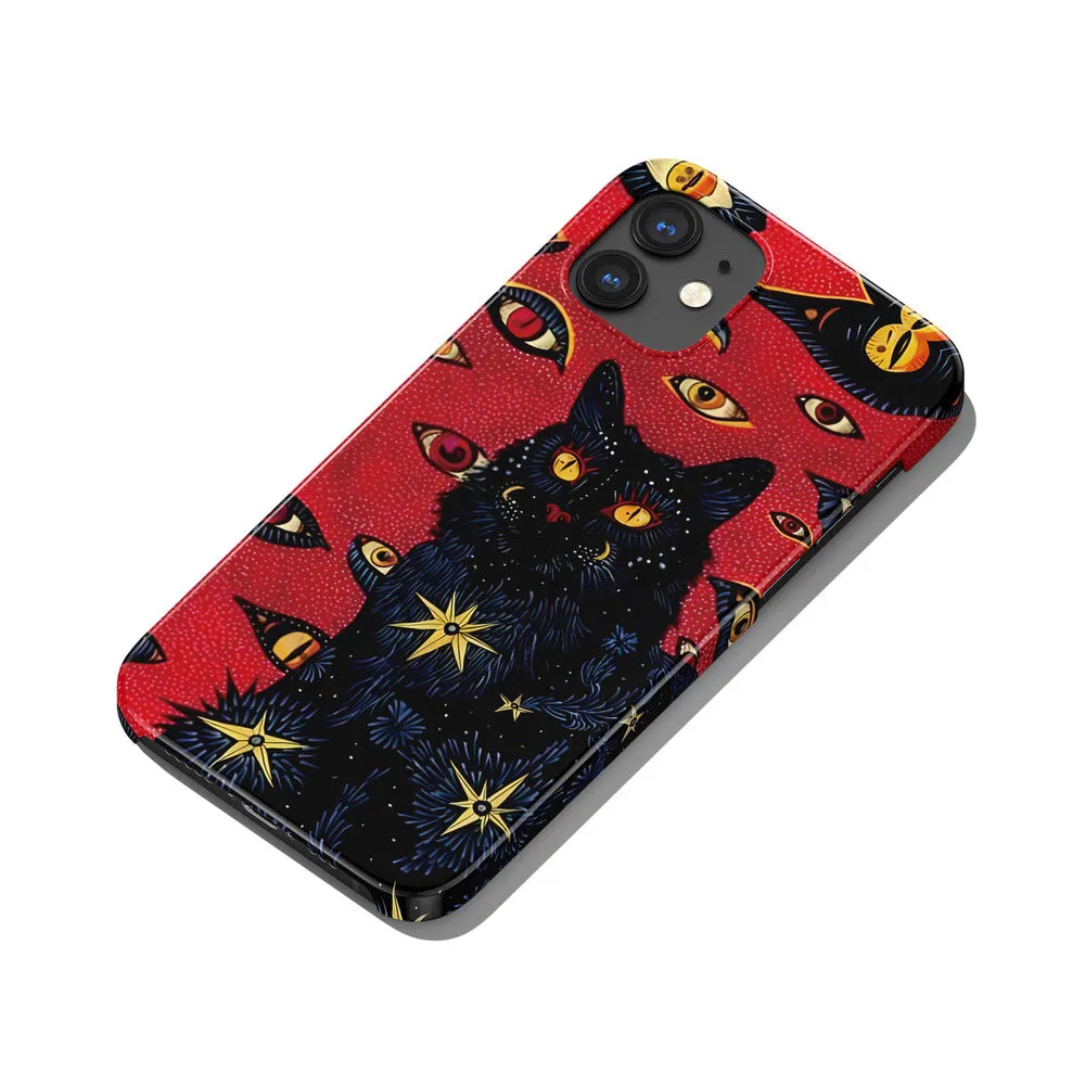 Retro style cat eye design hard shell phone case for iPhone, shown in frosted and glossy finish options.