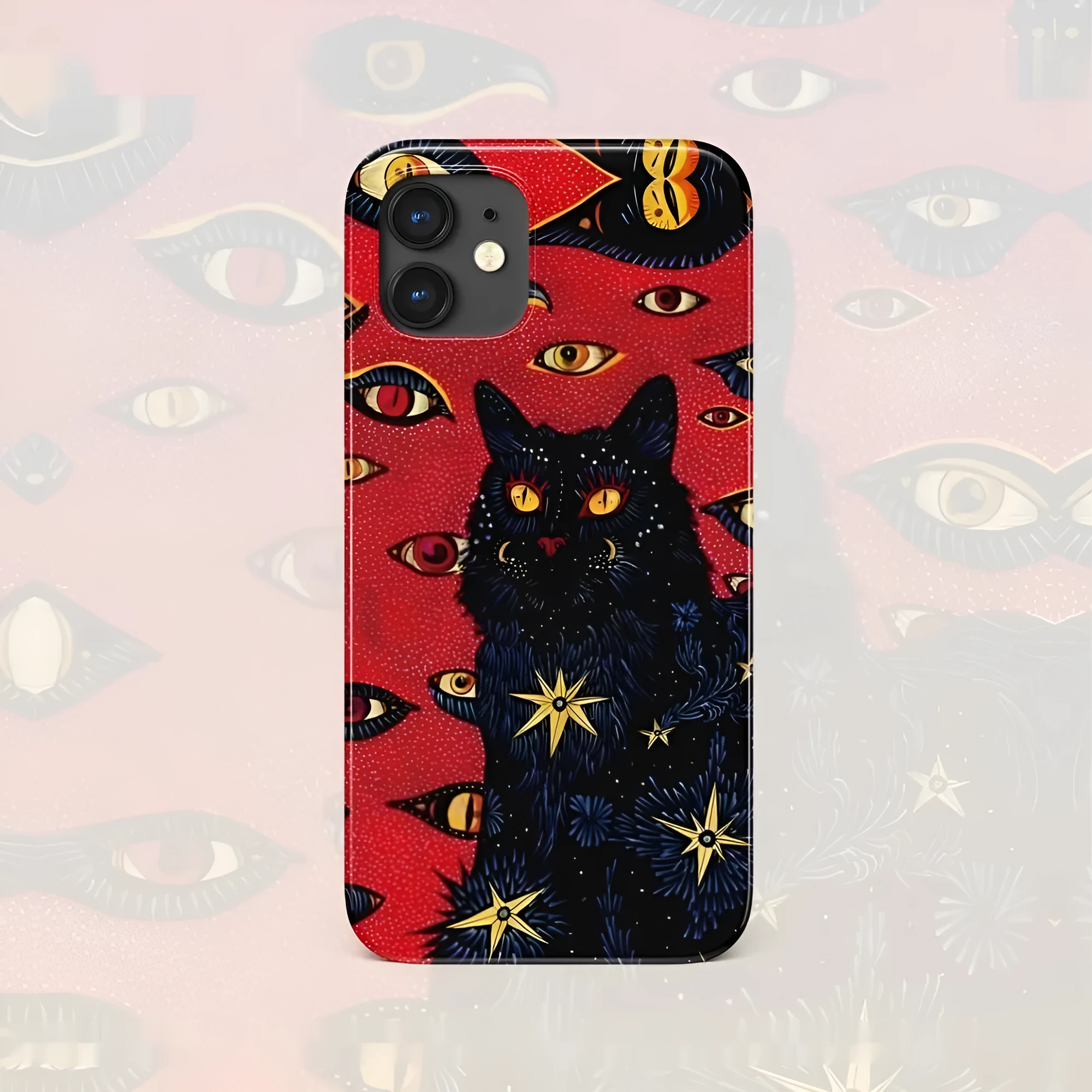 Retro style cat eye design hard shell phone case for iPhone, shown in frosted and glossy finish options.