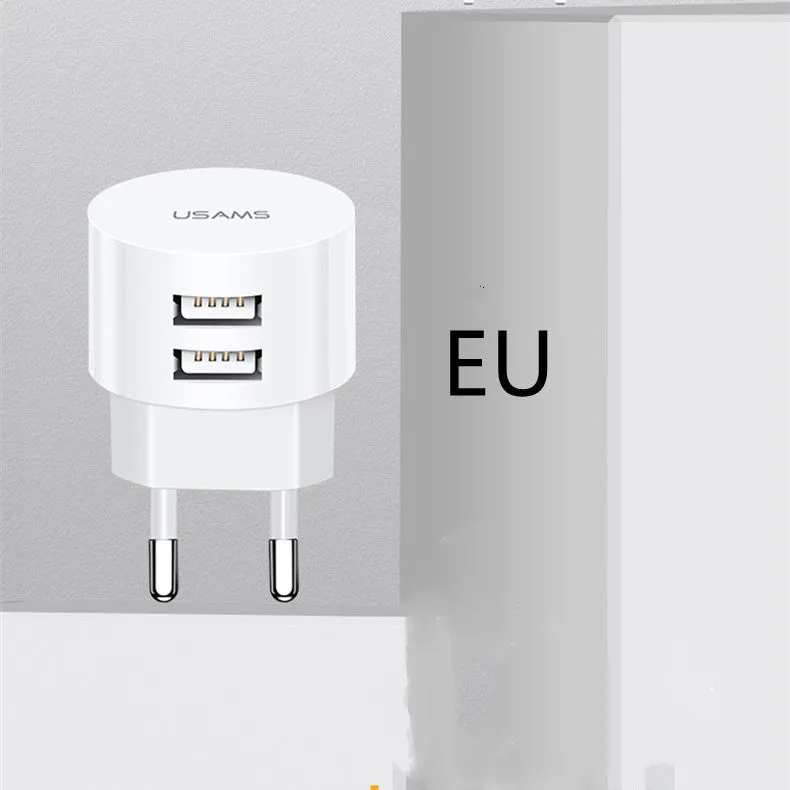 White portable USB phone charger with universal international adapter for UK US and EU power sockets