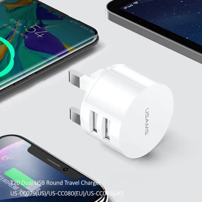 White portable USB phone charger with universal international adapter for UK US and EU power sockets